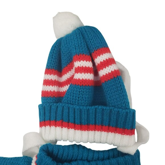 Vintage Let Kids Teal Knit Football Knit Sweater Pants Beanie Hat 70s Retro 24M - Picture 10 of 15